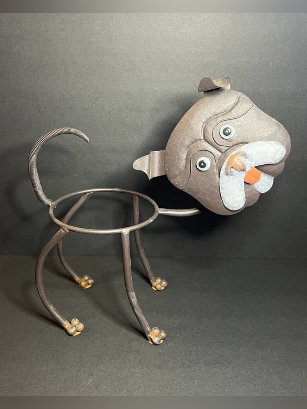 Unique Whimsical Metal Bobble Head Bulldog Flower Pot Holder Planter Dog Figure